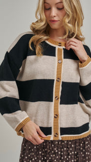 Wide Stripe Button Front Cardigan