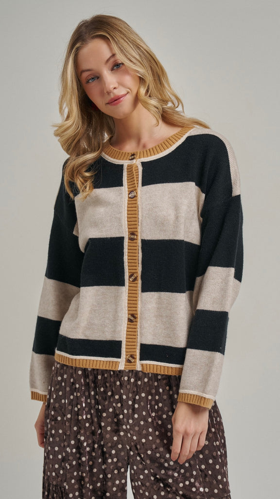 Wide Stripe Button Front Cardigan