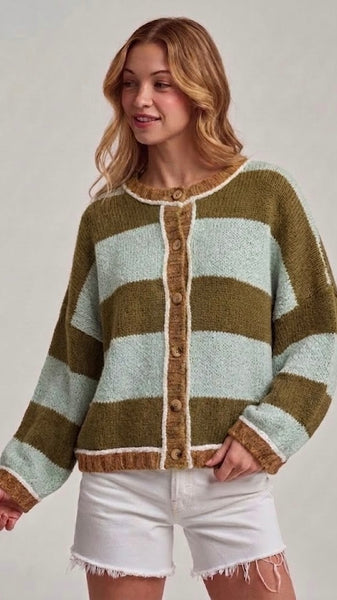 Wide Stripe Button Front Cardigan