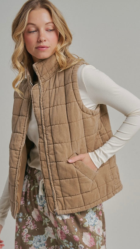 Quilted Washed Cotton Vest w/Pockets