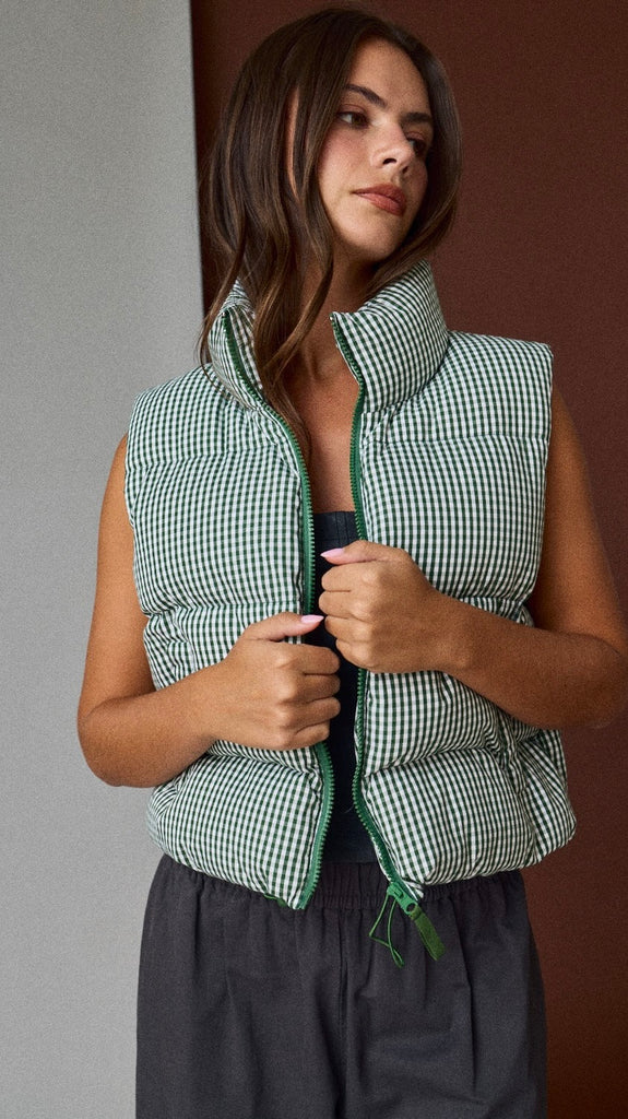 Gingham Puff Vest w/Pockets