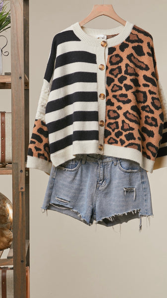 Leopard+Stripe Button Cardigan