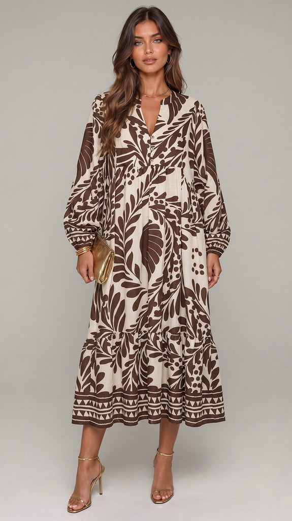 Leaf Print Geo Border Midi Dress