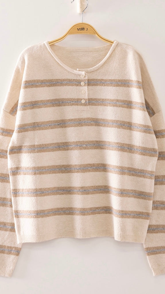 4 Button Mixed Stripe Sweater