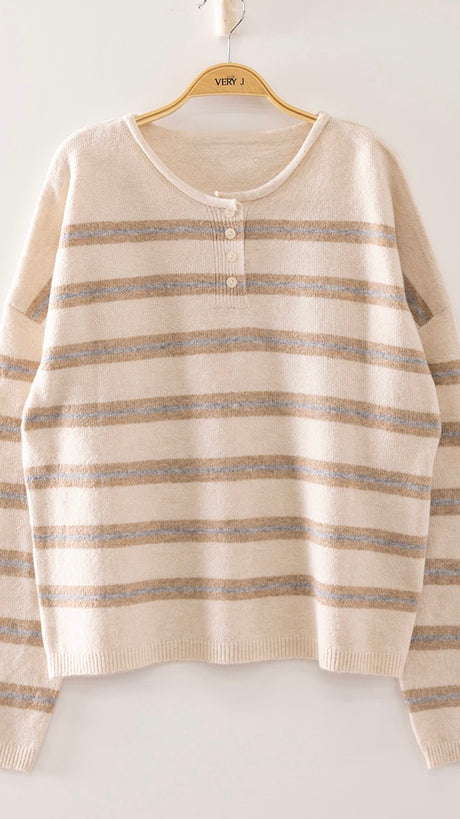 4 Button Mixed Stripe Sweater