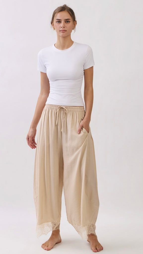 Lace Hem Barrel Leg Pants