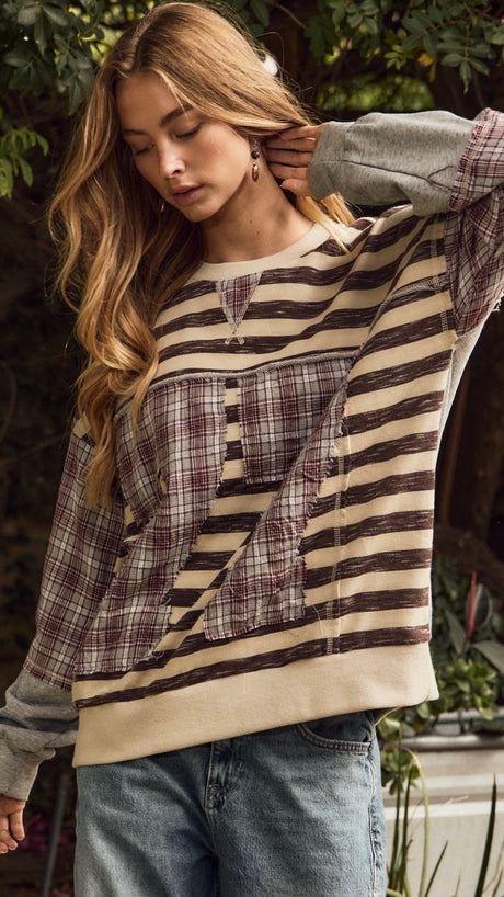 77 Stripe Mixed Fabric Sweatshirt
