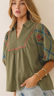 Embroidered Puff Sleeve Smock Top