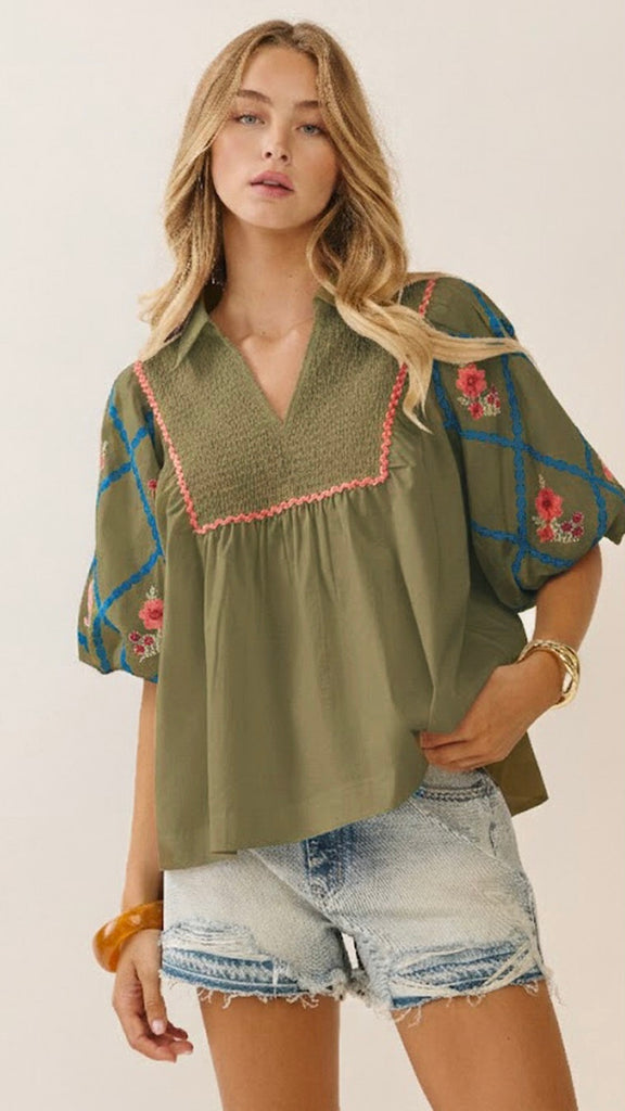 Embroidered Puff Sleeve Smock Top