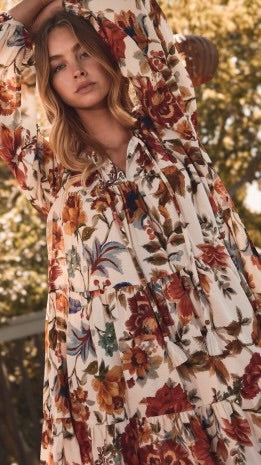 Fall Floral Tiered 3/4 Slv Dress