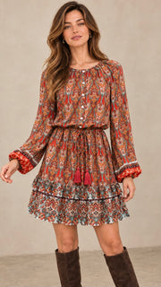 Paisley Print Ruffle Hem L/Slv Dress