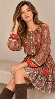 Paisley Print Ruffle Hem L/Slv Dress