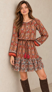 Paisley Print Ruffle Hem L/Slv Dress