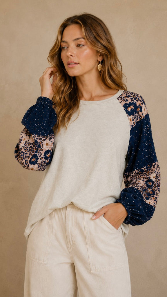 Leopard + Floral Raglan Sleeve Top