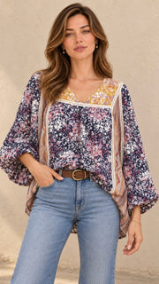 Boho Floral Mix Bubble Sleeve Top