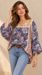 Boho Floral Mix Bubble Sleeve Top