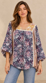 Boho Floral Mix Bubble Sleeve Top