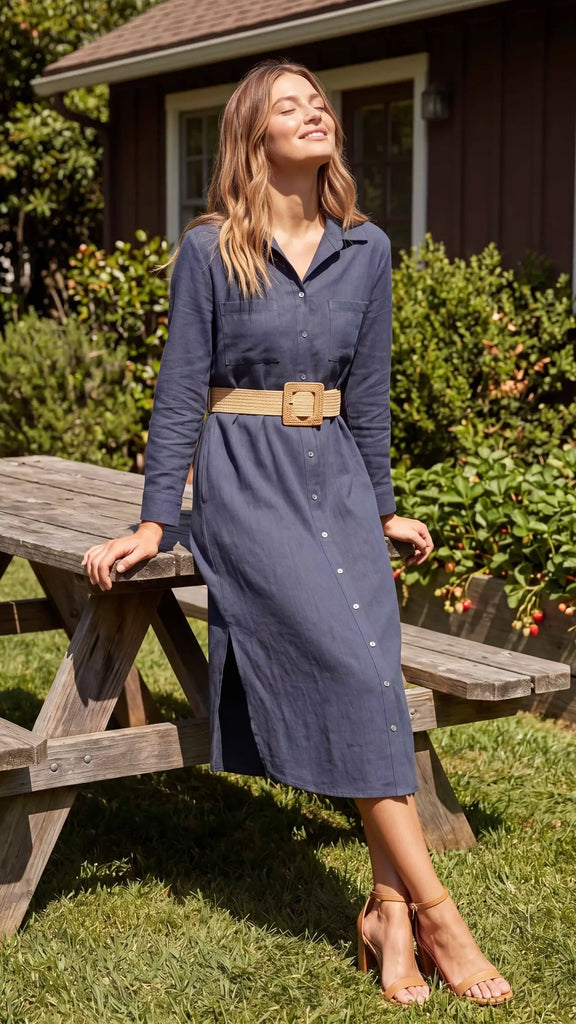 Midi Length Belted Shirt Dress