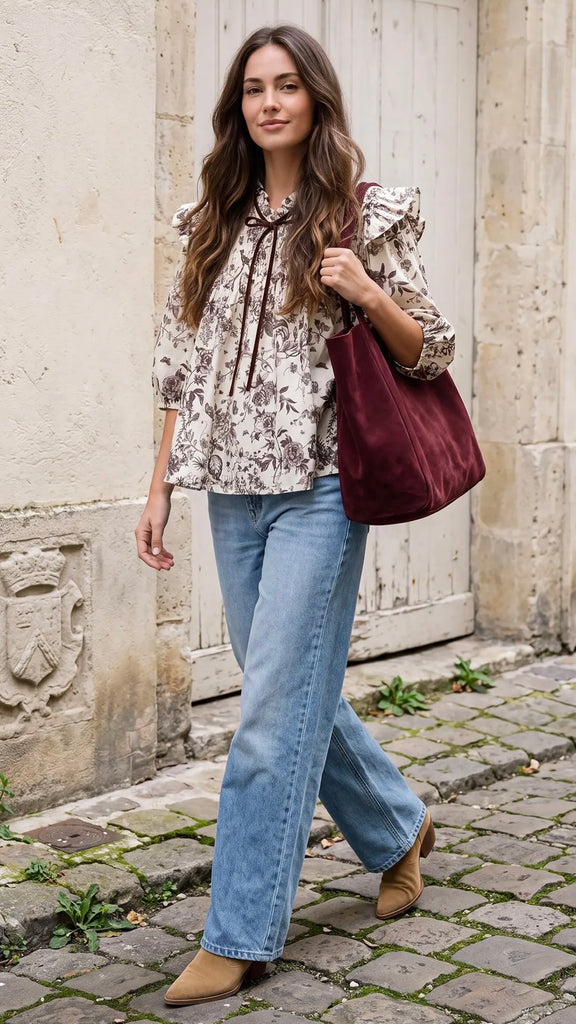 Floral Half Sleeve Ruffle Trim Top