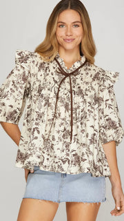 Floral Half Sleeve Ruffle Trim Top