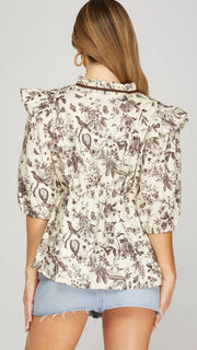 Floral Half Sleeve Ruffle Trim Top