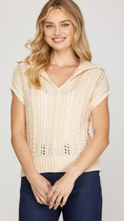 Pointelle Ribbed Collar Sweater Top