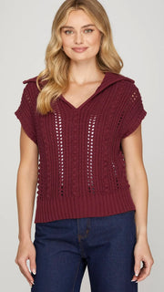 Pointelle Ribbed Collar Sweater Top