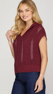 Pointelle Ribbed Collar Sweater Top