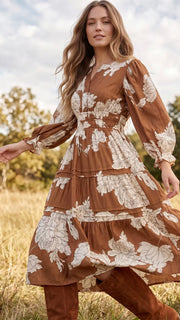 Floral Pintuck Detail Midi Dress