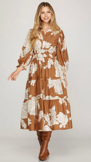 Floral Pintuck Detail Midi Dress