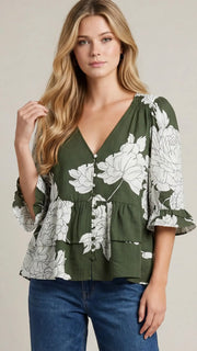 Floral 3/4 Ruffle Slv Top
