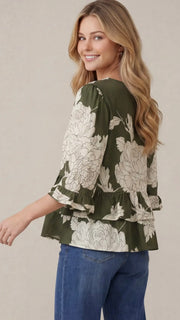 Floral 3/4 Ruffle Slv Top