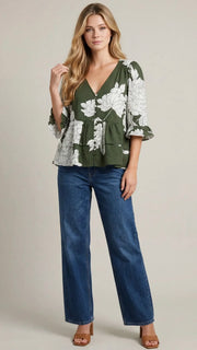 Floral 3/4 Ruffle Slv Top