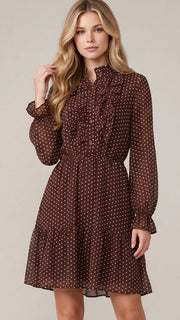 Polka Dot Ruffle Front L/Slv Dress