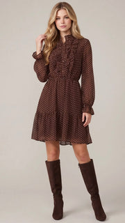 Polka Dot Ruffle Front L/Slv Dress