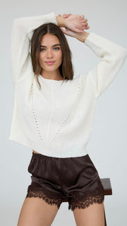 Pointelle Knit Rolled Neck Sweater