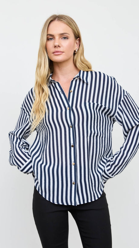 Stripe Roll Tab Sleeve L/S Top