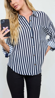 Stripe Roll Tab Sleeve L/S Top