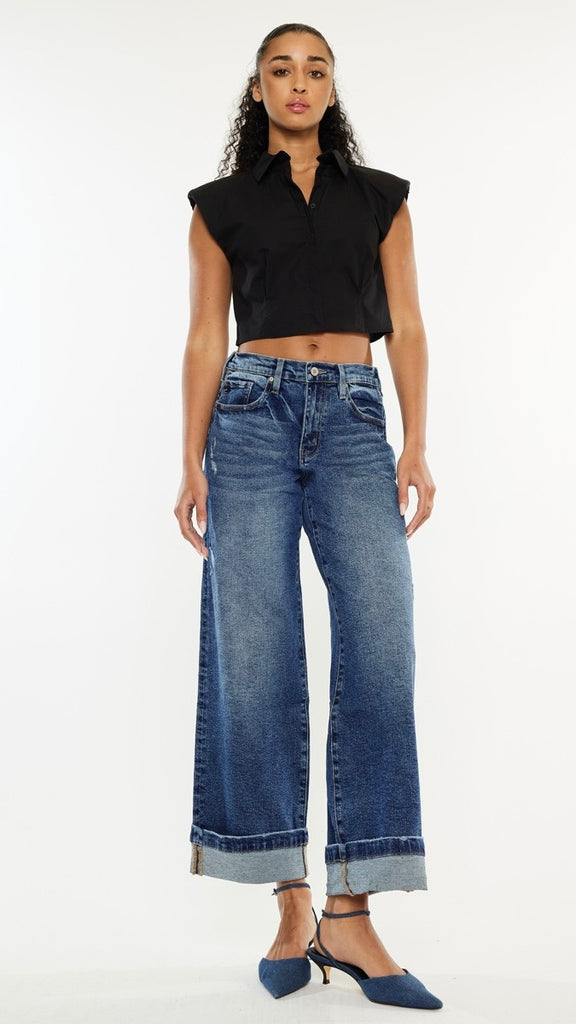 High Rise Washed Cuffed Wide Leg Jean