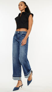 High Rise Washed Cuffed Wide Leg Jean
