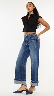 High Rise Washed Cuffed Wide Leg Jean