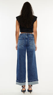 High Rise Washed Cuffed Wide Leg Jean