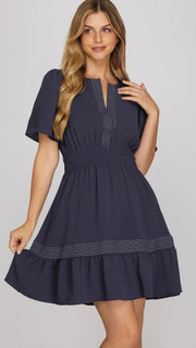 Contrast Stitching Smocked Waist Dress