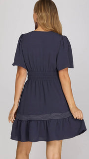 Contrast Stitching Smocked Waist Dress