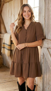 Ruffle Trim Pleated Sleeve Dress