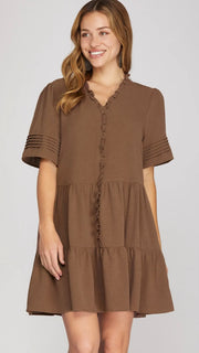 Ruffle Trim Pleated Sleeve Dress