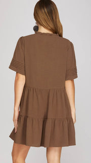 Ruffle Trim Pleated Sleeve Dress