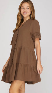 Ruffle Trim Pleated Sleeve Dress