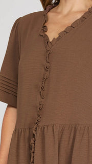 Ruffle Trim Pleated Sleeve Dress