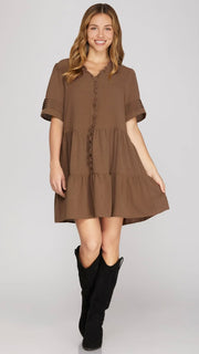 Ruffle Trim Pleated Sleeve Dress